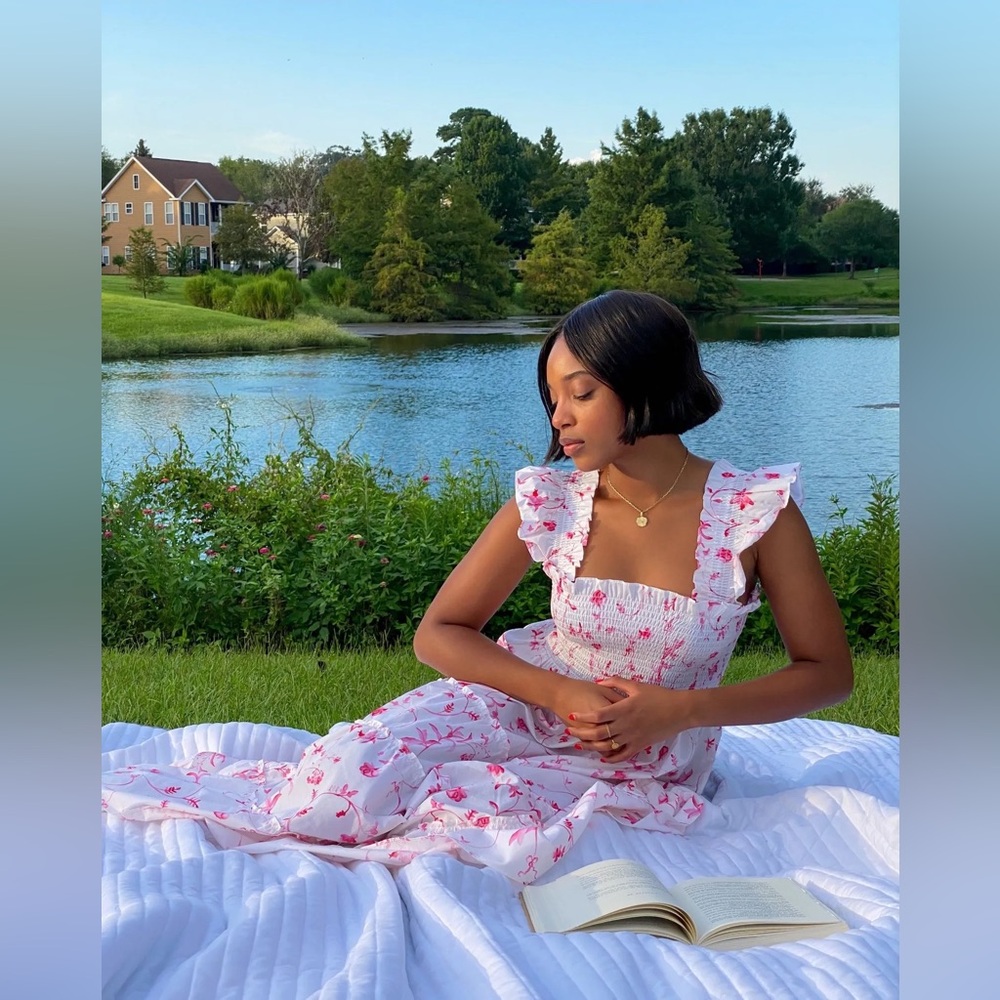 Hill House White Maxi Dress with Pink Floral Print